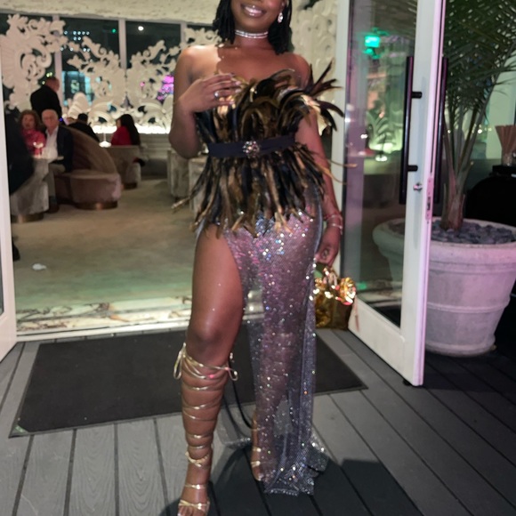 Elegant Birthday/Dinner dress with black w/ some gold feathers and diamond tail,All Products : American Fashion Style Bags On Sale